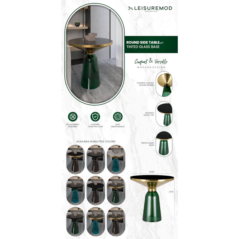 Tully Collection Glass side Table Green glass, Gold Rim with Black Glass top