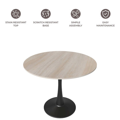 Bristol 35" Round Dining Table Black Base with Sintered Stone Natural Wood Top