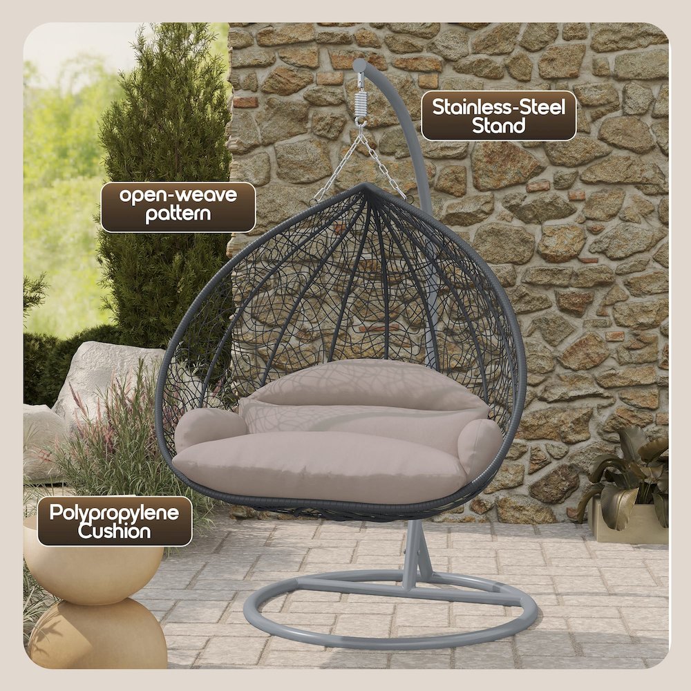 Recluse Collection Modern Outdoor Swing Chair Grey Frame with ES57 Beige Cushion