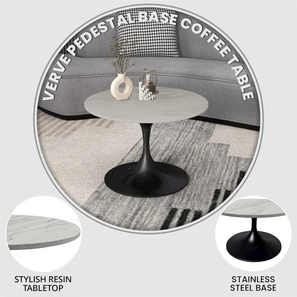 Verve Coffee Table Black base with 27" round White Marble Laminated top