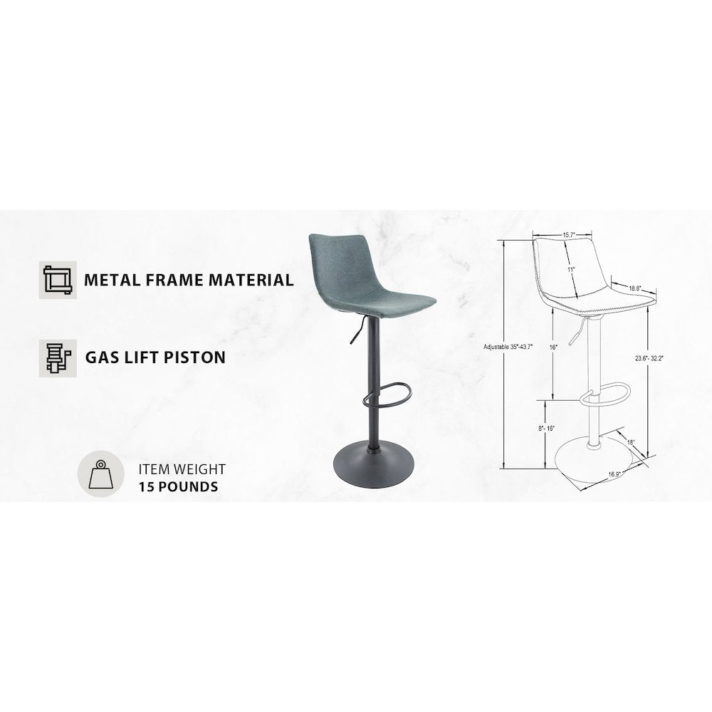 Tilbury Modern Adjustable Bar Stool in Peacock Blue