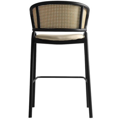 Ervilla Wicker Bar Stool with Fabric Seat and Black Steel Frame - Beige Leather