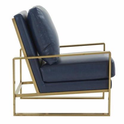 LeisureMod Jefferson Leather Modern Design Accent Armchair With Elegant Gold Frame, Navy Blue
