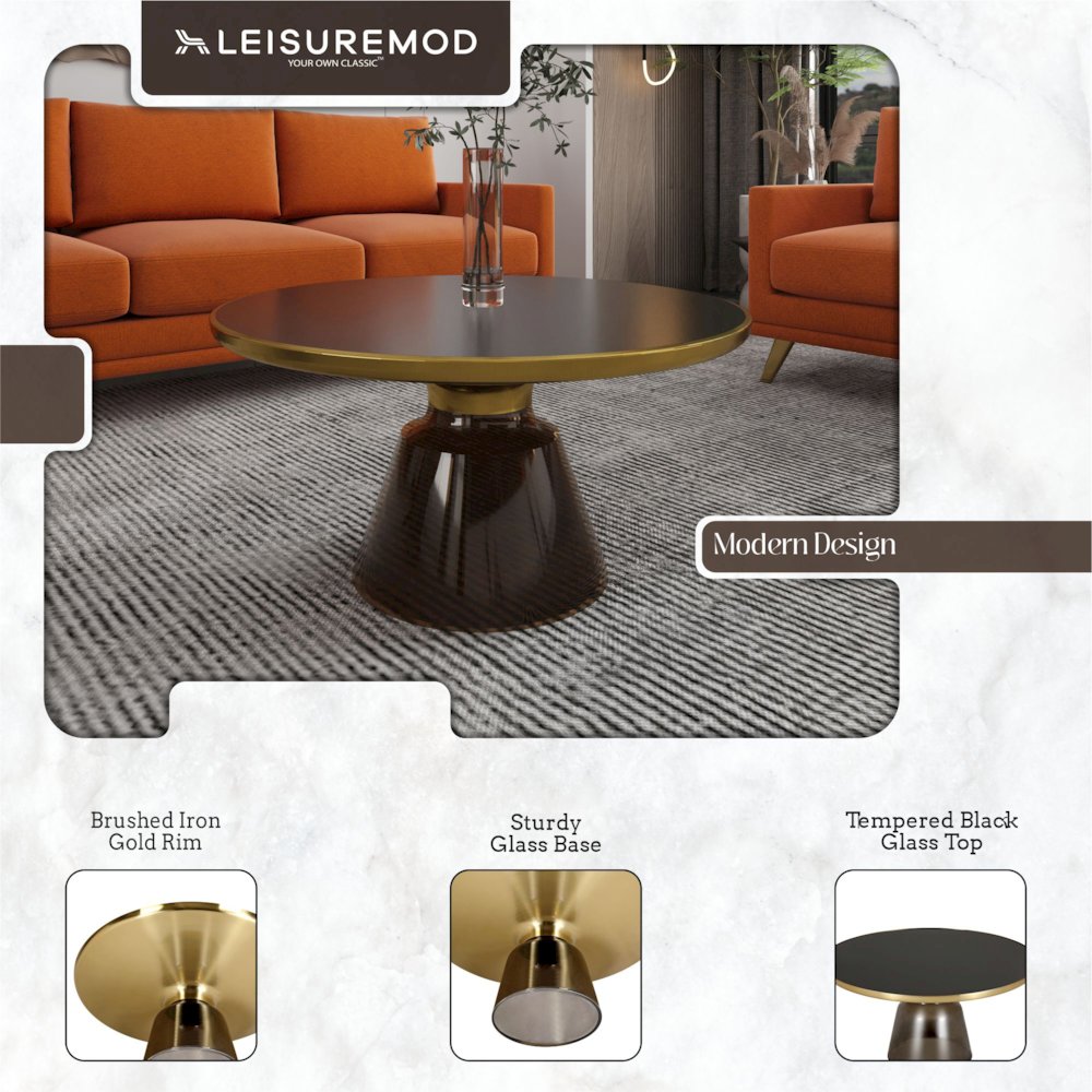 Tully Collection Glass Coffee Table Grey glass, Gold Rim with Black Glass top