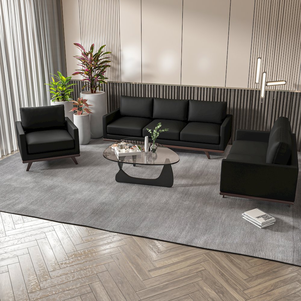 Chester 3-Piece Leather Living Room Sofa Set with Birch Wood Base Black