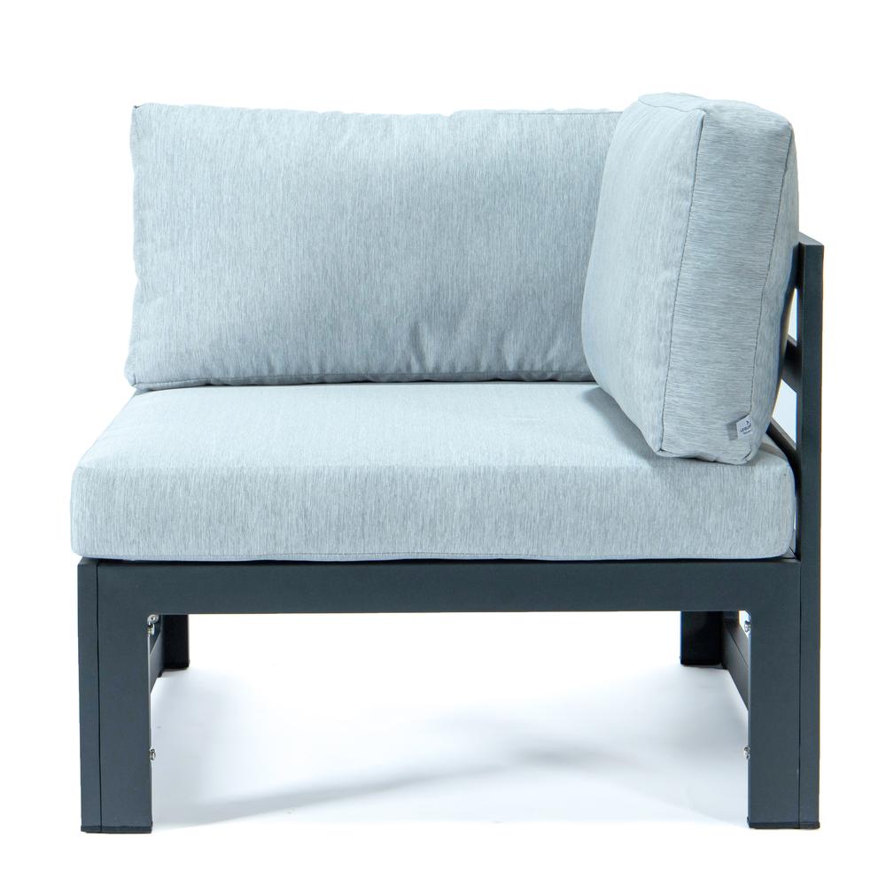 LeisureMod Chelsea 5-Piece Sectional Loveseat and Fireplace Set Black Aluminum with Cushions, Light Grey