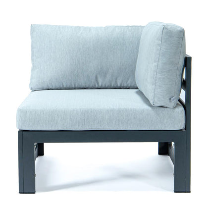 LeisureMod Chelsea 5-Piece Sectional Loveseat and Fireplace Set Black Aluminum with Cushions, Light Grey