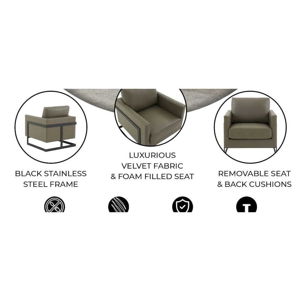 Lincoln Leather Accent Armchair With Black Steel Frame in Grey