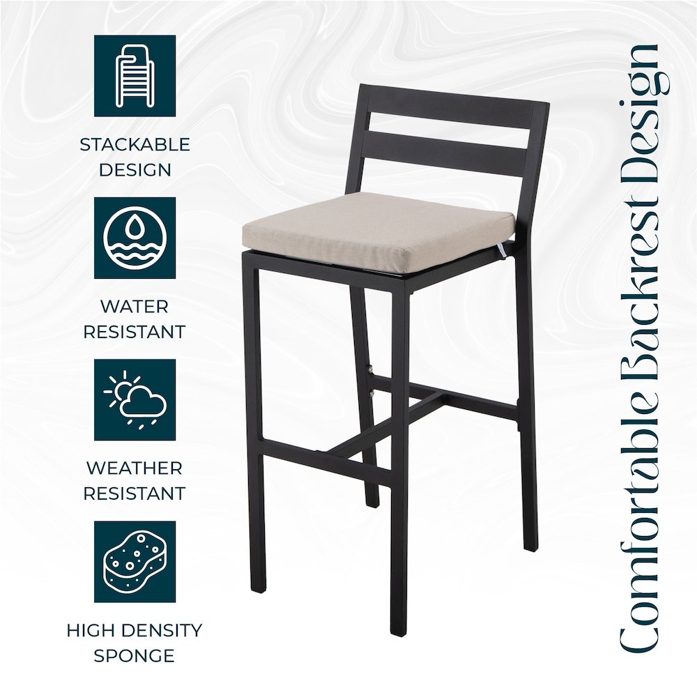 Chelsea Collection Modern Aluminum Outdoor Bar Chair in black with Blue Cushions