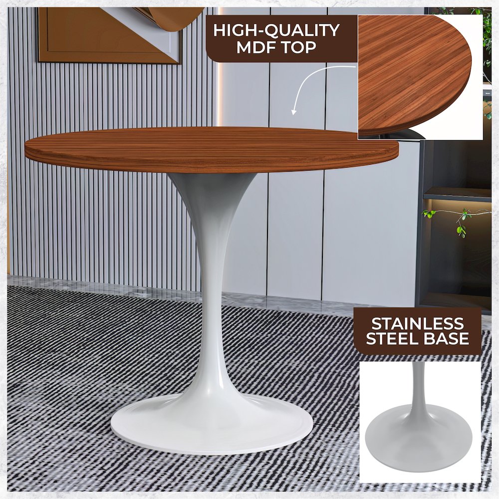 Verve Collection 36 Round Dining Table, White Base with Cognac Brown MDF Top