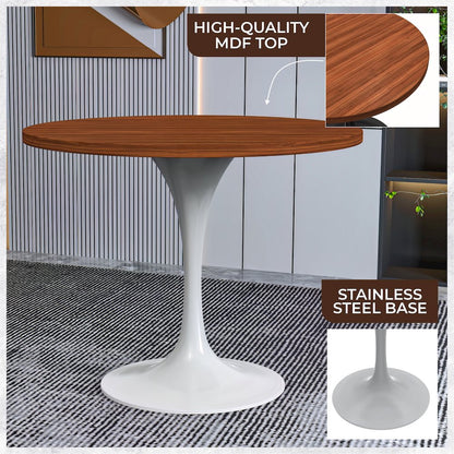 Verve Collection 36 Round Dining Table, White Base with Cognac Brown MDF Top