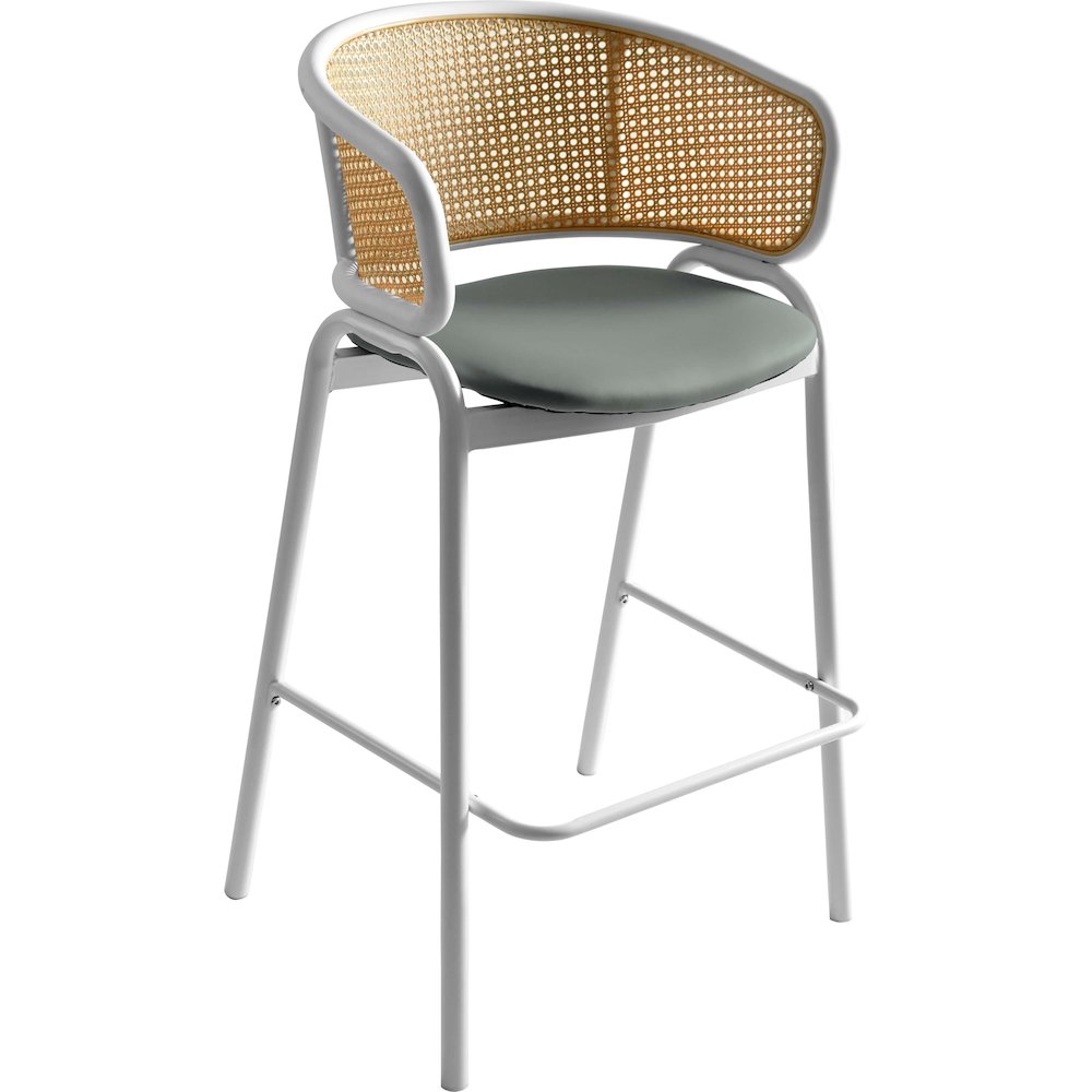 Ervilla Wicker Bar Stool with Fabric Seat and White Steel Frame - Grey leather