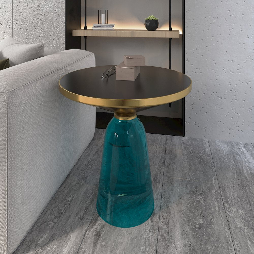 Tully Collection Glass side Table Blue glass, Gold Rim with Black Glass top