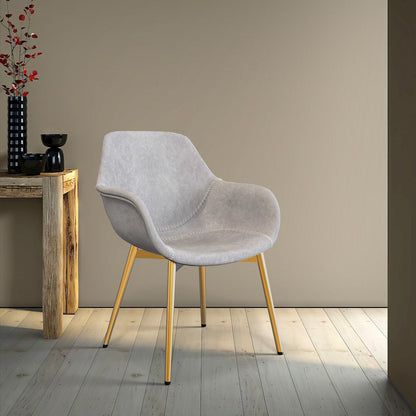 Markley Modern Leather Dining Arm Chair With Gold Metal Legs Light Grey Set of 4