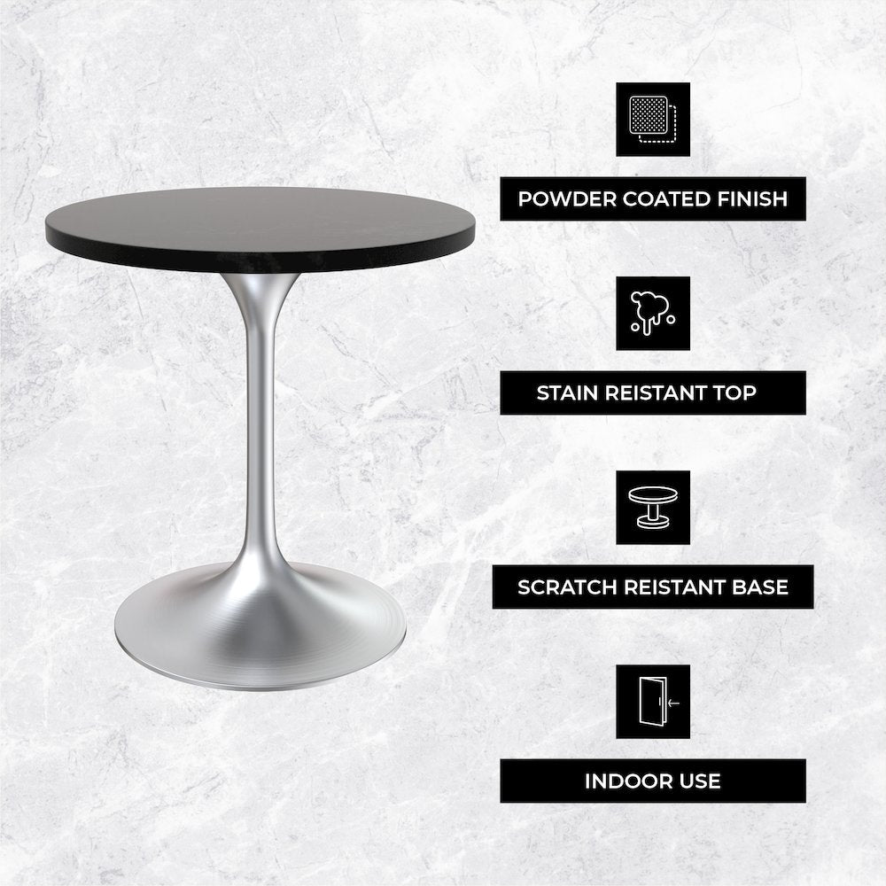 Verve Collection 27" Round Dining Table, Brushed Chrome Base with Black MDF Top