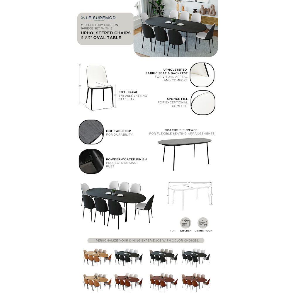 Tule 9-Piece Dining Set in Steel Frame with 8 Upholstered Seat Dining Table