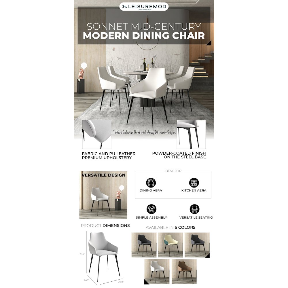 Sonnet Series Modern Dining Chair in Coconut White Fabric - Set of 2