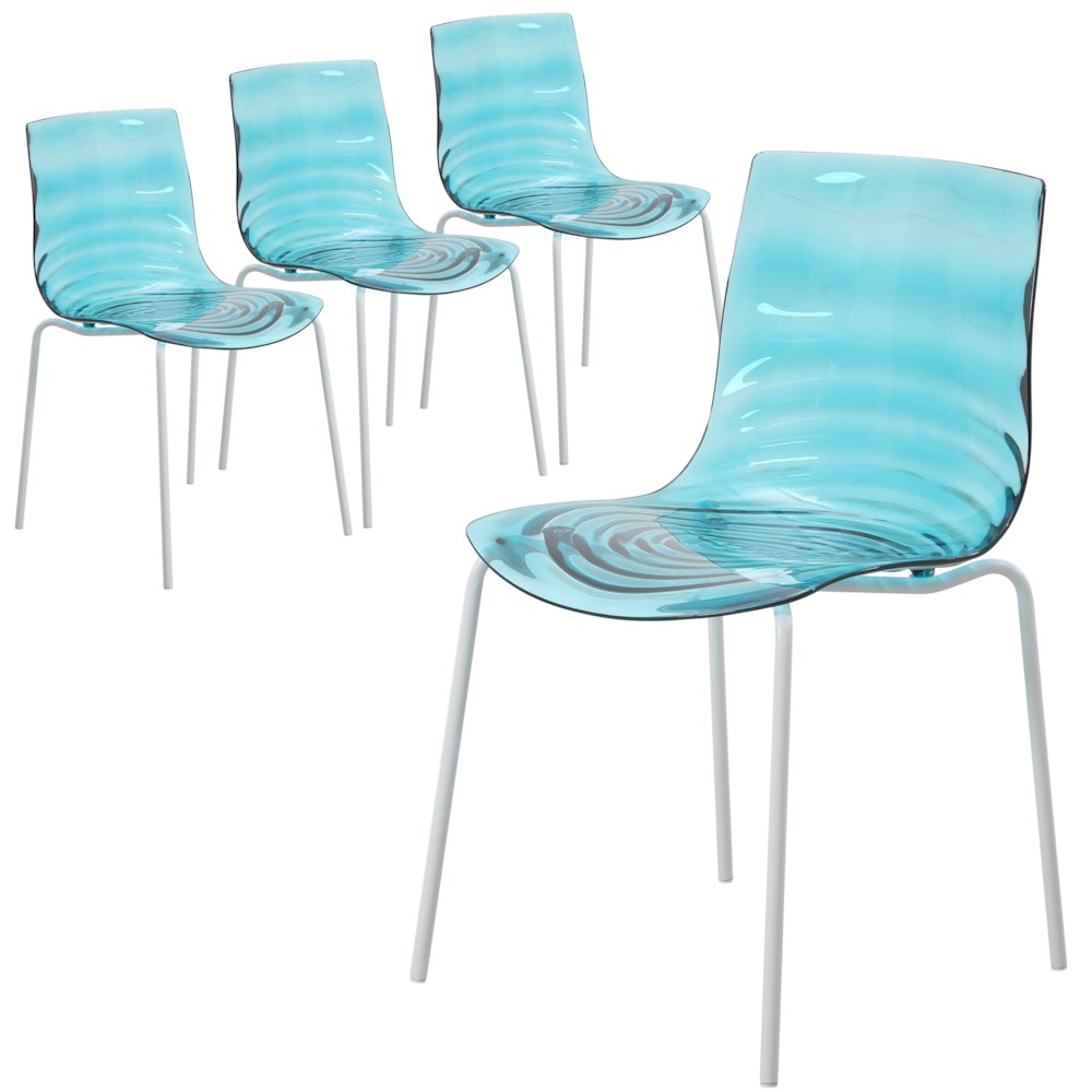 Astor Water Ripple Design Dining Chair in White Base Trans Blue Seat Set of 4
