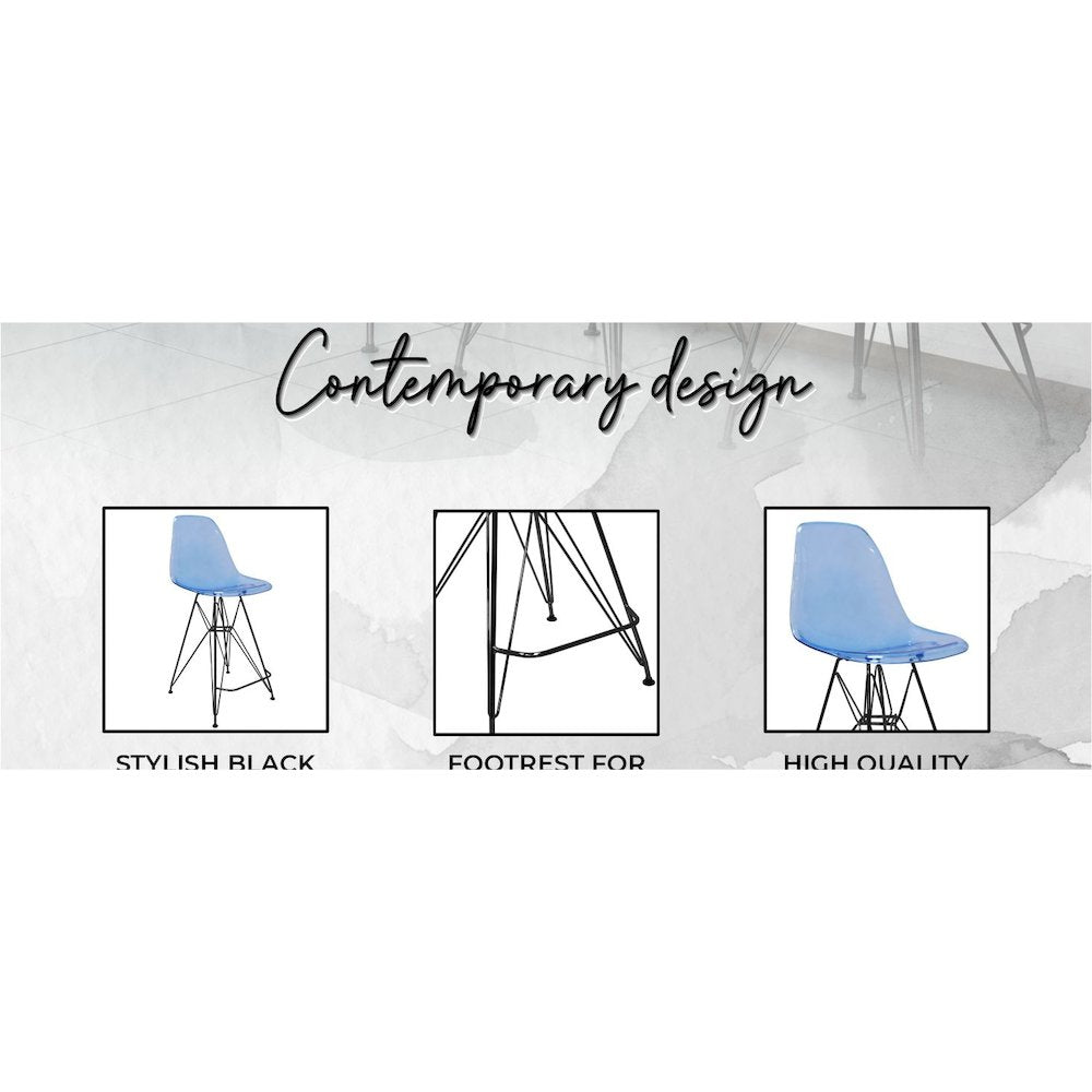 Modern Acrylic Bar stool Cresco Collection Black Base with Trans Blue seat