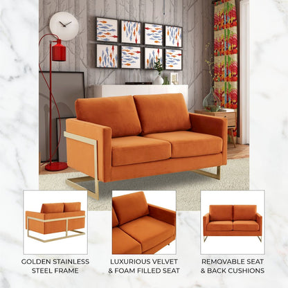 Lincoln Modern Mid-Century Upholstered Velvet Loveseat with Gold Frame