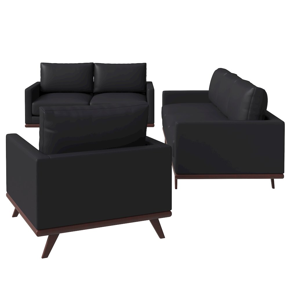 Chester 3-Piece Leather Living Room Sofa Set with Birch Wood Base Black