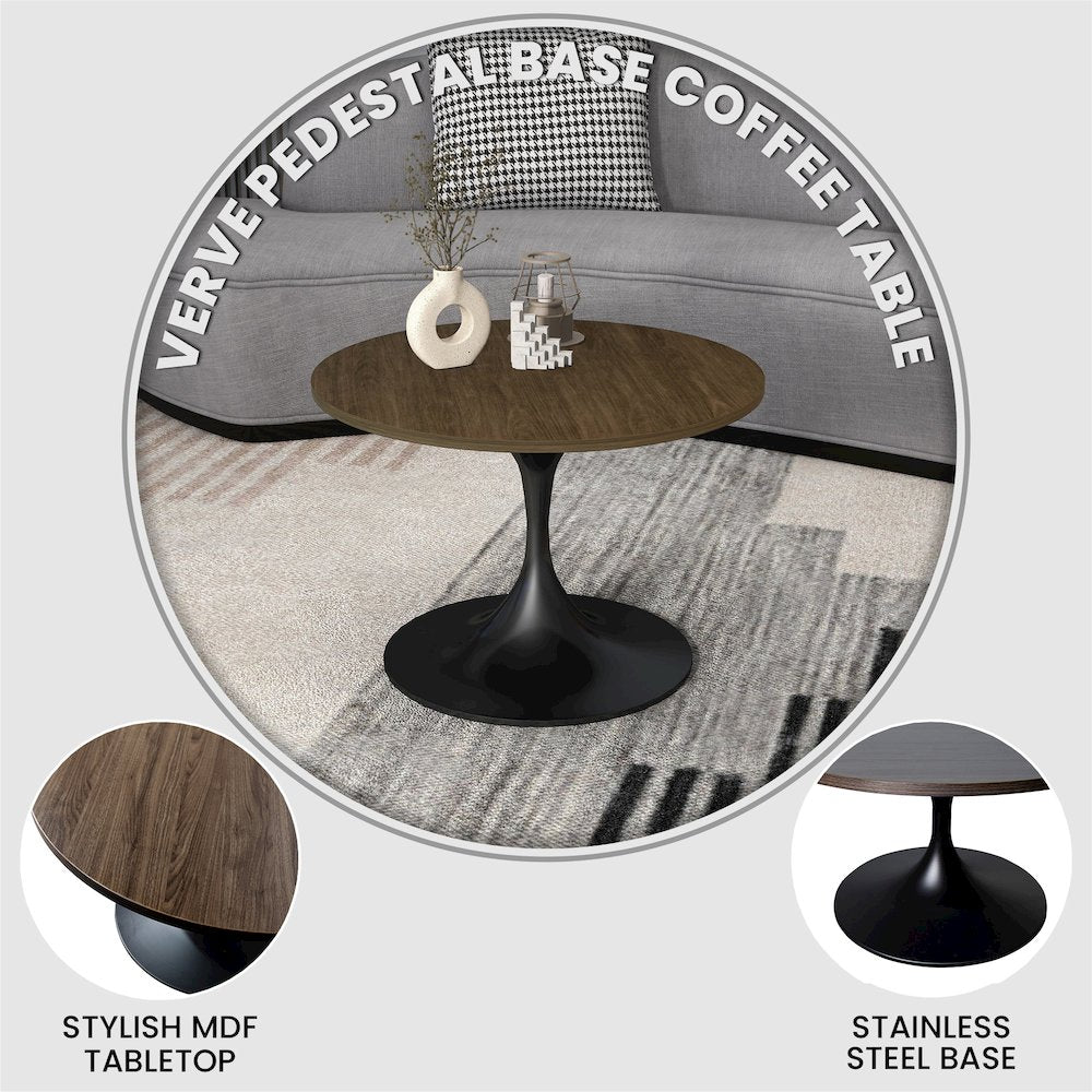 Verve Coffee Table Black base with 27" round Dark Brown Wood MDF top