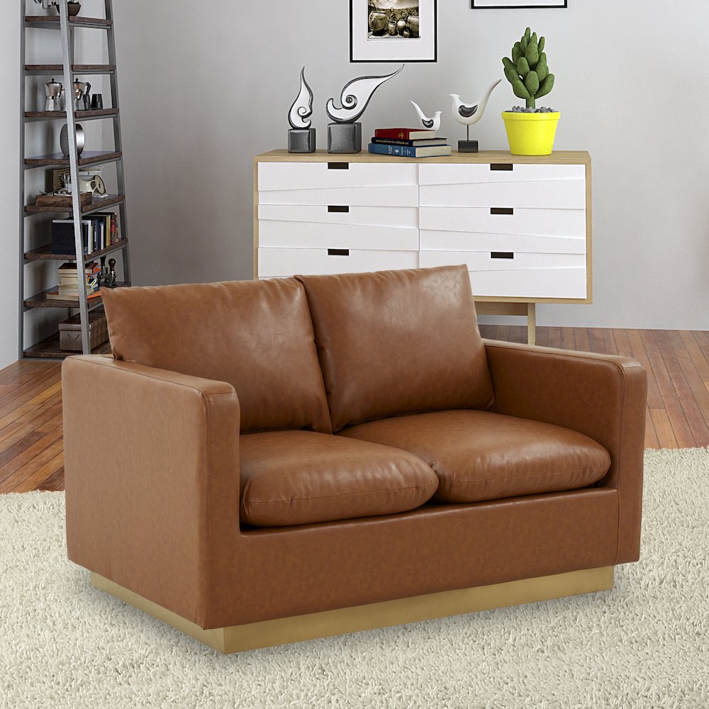 Nervo Modern Mid-Century Upholstered Leather Loveseat with Gold Frame