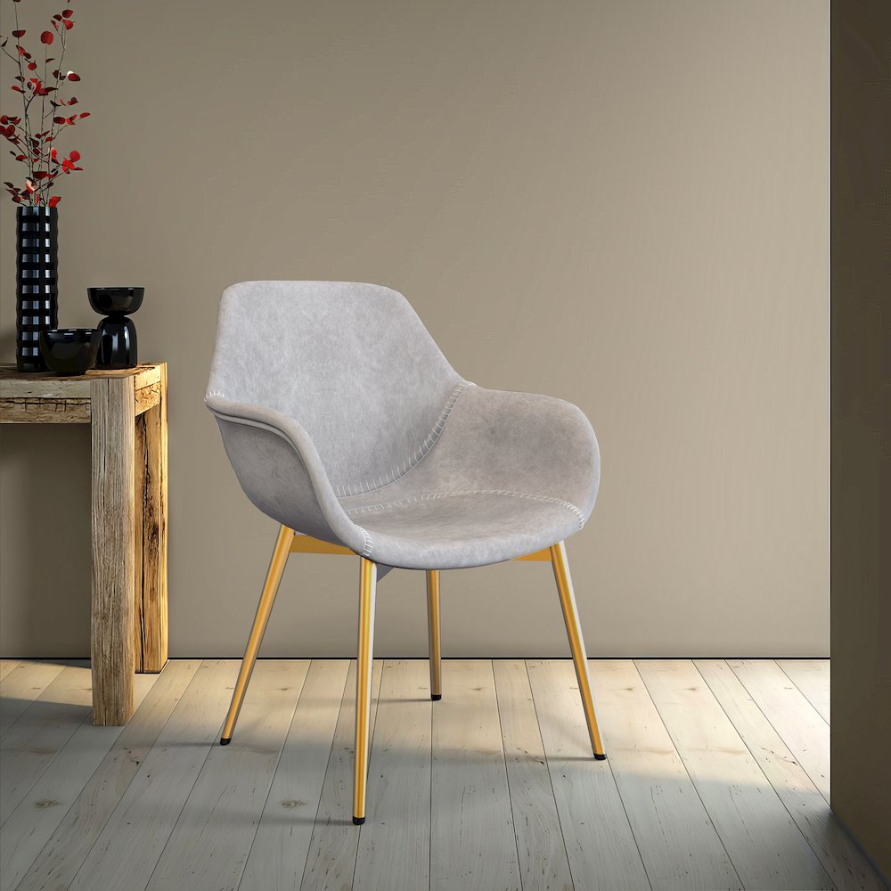 Markley Modern Leather Dining Arm Chair With Gold Metal Legs Light Grey Set of 4