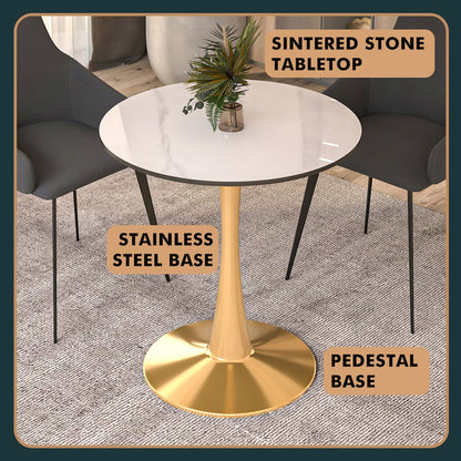 Bristol 27 round dining table Gold base with White Sintered stone Top