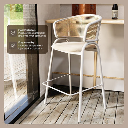 Ervilla Wicker Bar Stool with Fabric Seat and White Steel Frame - White leather