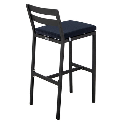 Chelsea Collection Modern Aluminum Outdoor Bar Chair in black with Blue Cushions
