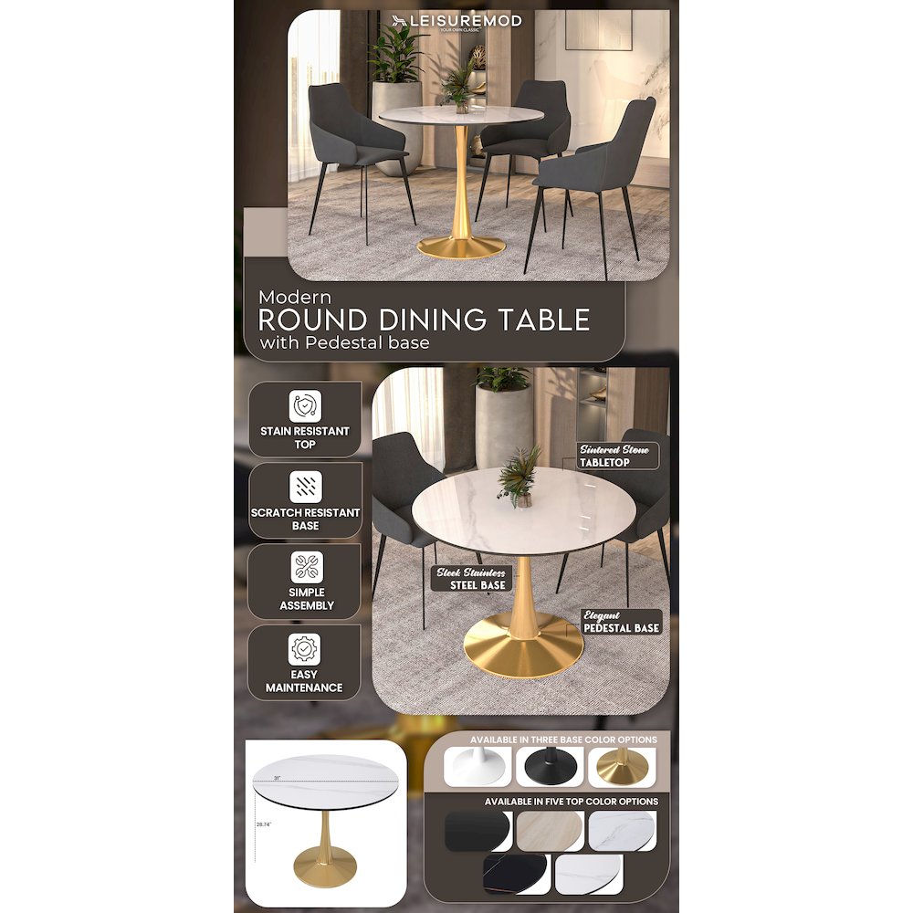 Bristol 40" round dining table Gold base with White Sintered stone Top