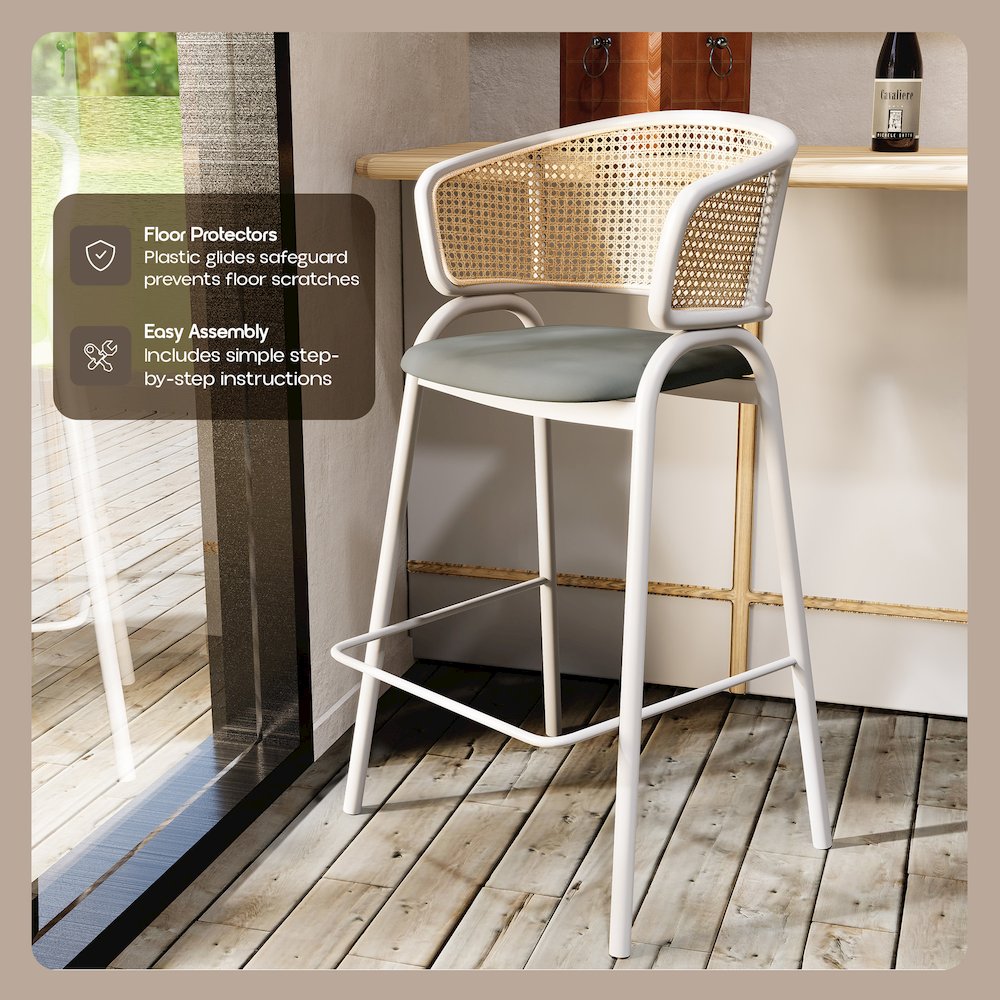 Ervilla Wicker Bar Stool with Fabric Seat and White Steel Frame - Grey leather