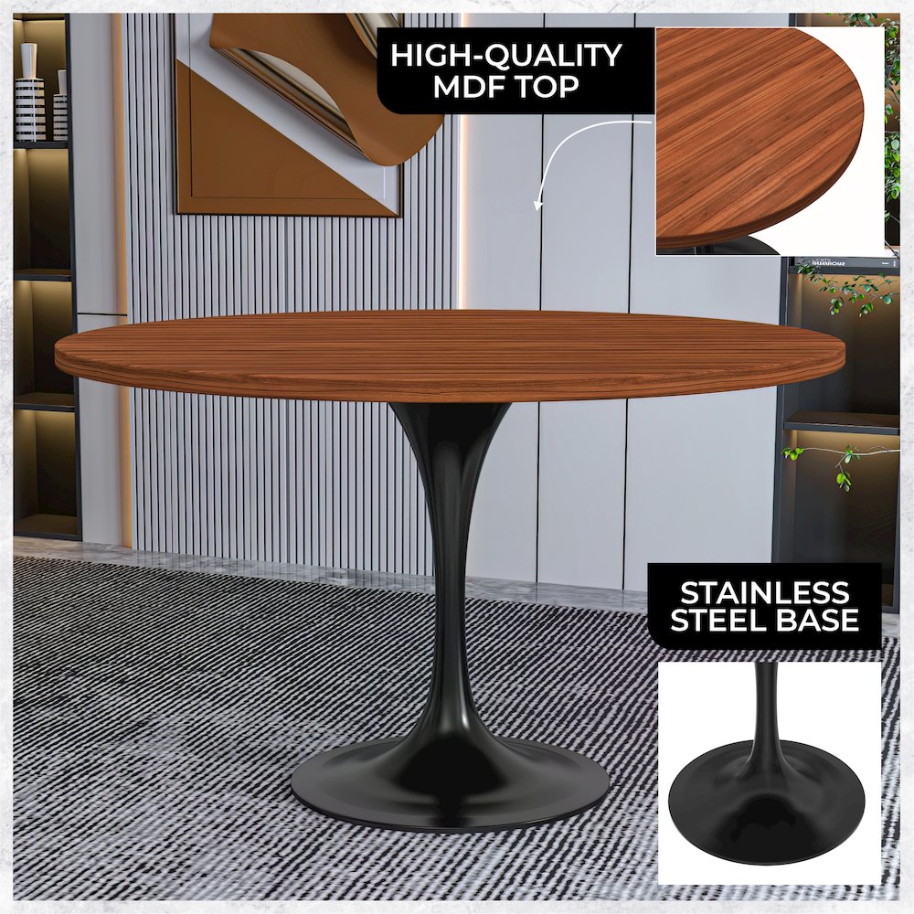 Verve Collection 48 Round Dining Table, Black Base with Cognac Brown MDF Top