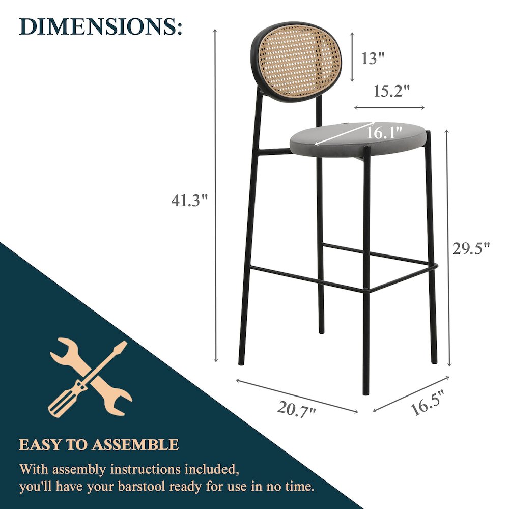 Euston Modern Wicker Bar Stool With Black Steel Frame in Grey