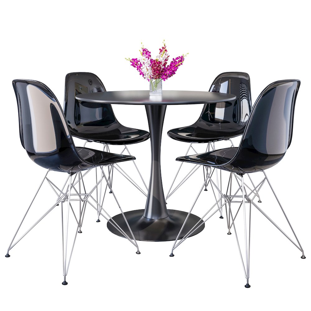 5-Piece Dining Set 35" Round Dining Table in Chrome - Transparent Black