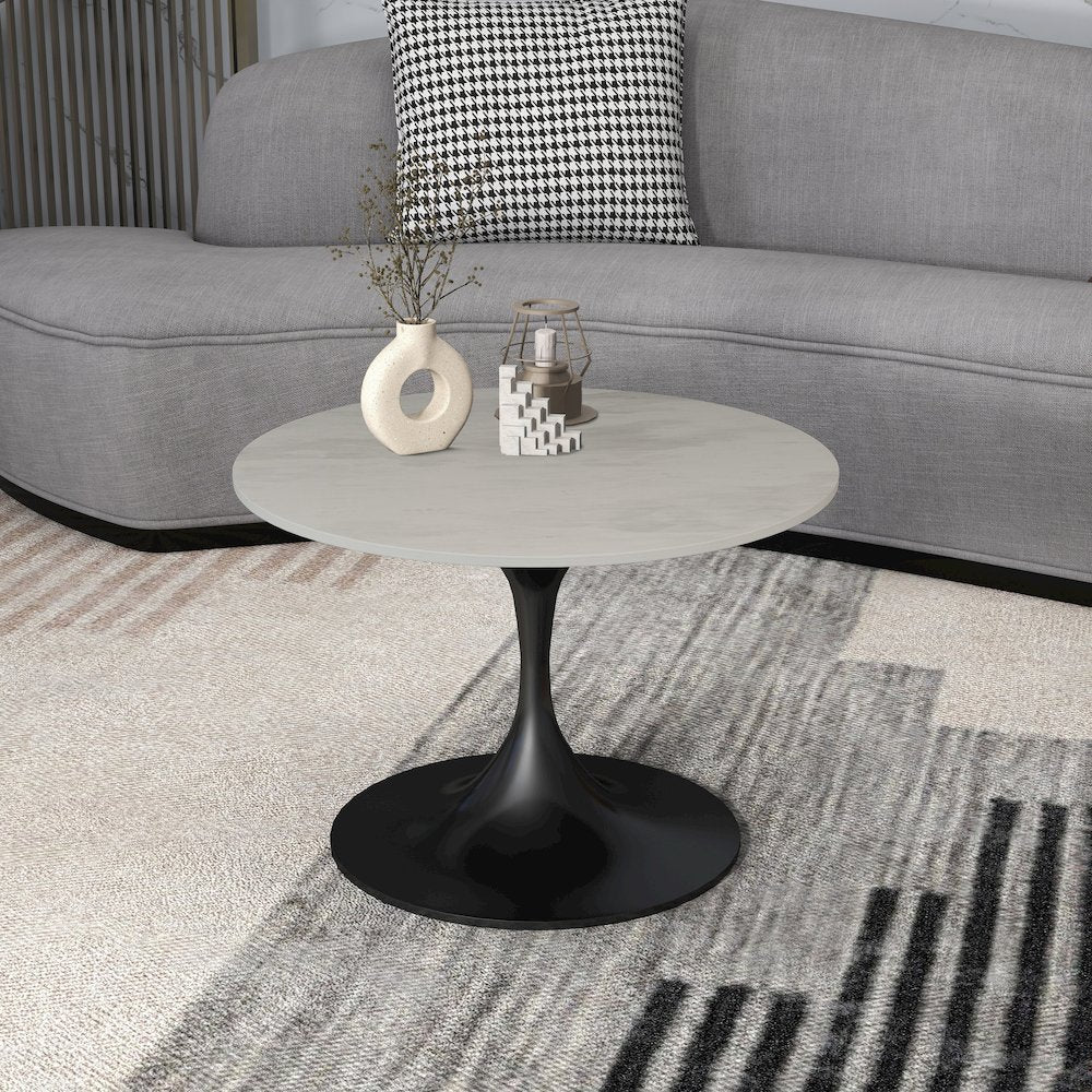 Verve Coffee Table Black base with 27" round White Marble Laminated top