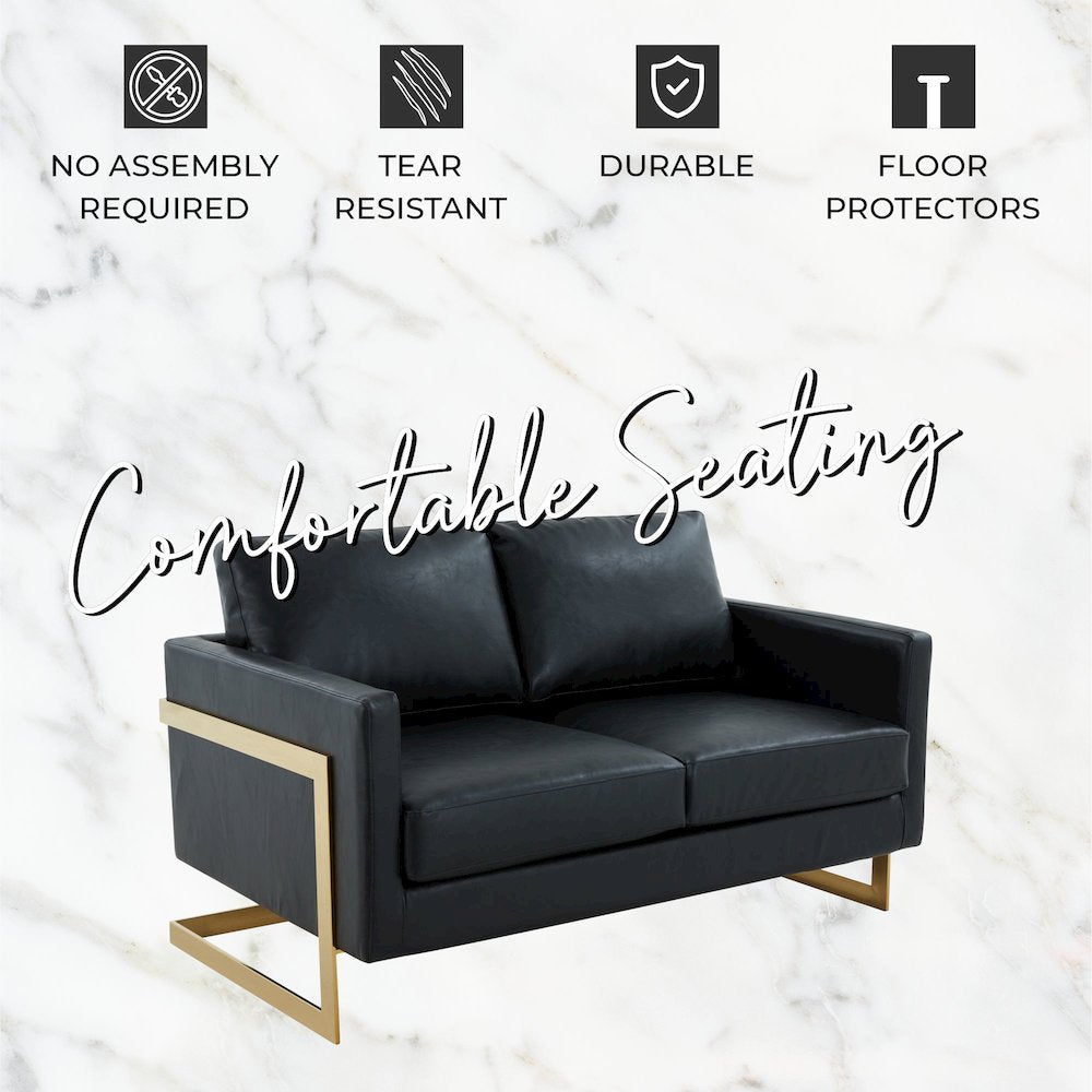Lincoln Modern Mid-Century Upholstered Leather Loveseat with Gold Frame