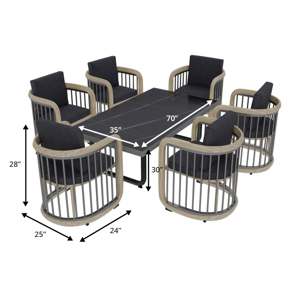 Klyra 7-Piece Aluminum Dining Set with 1 Rectangular Dining Table in Grey