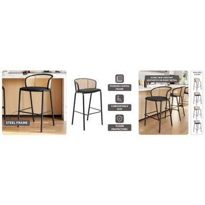 Ervilla Mid-Century Modern Wicker Bar Stool in Black