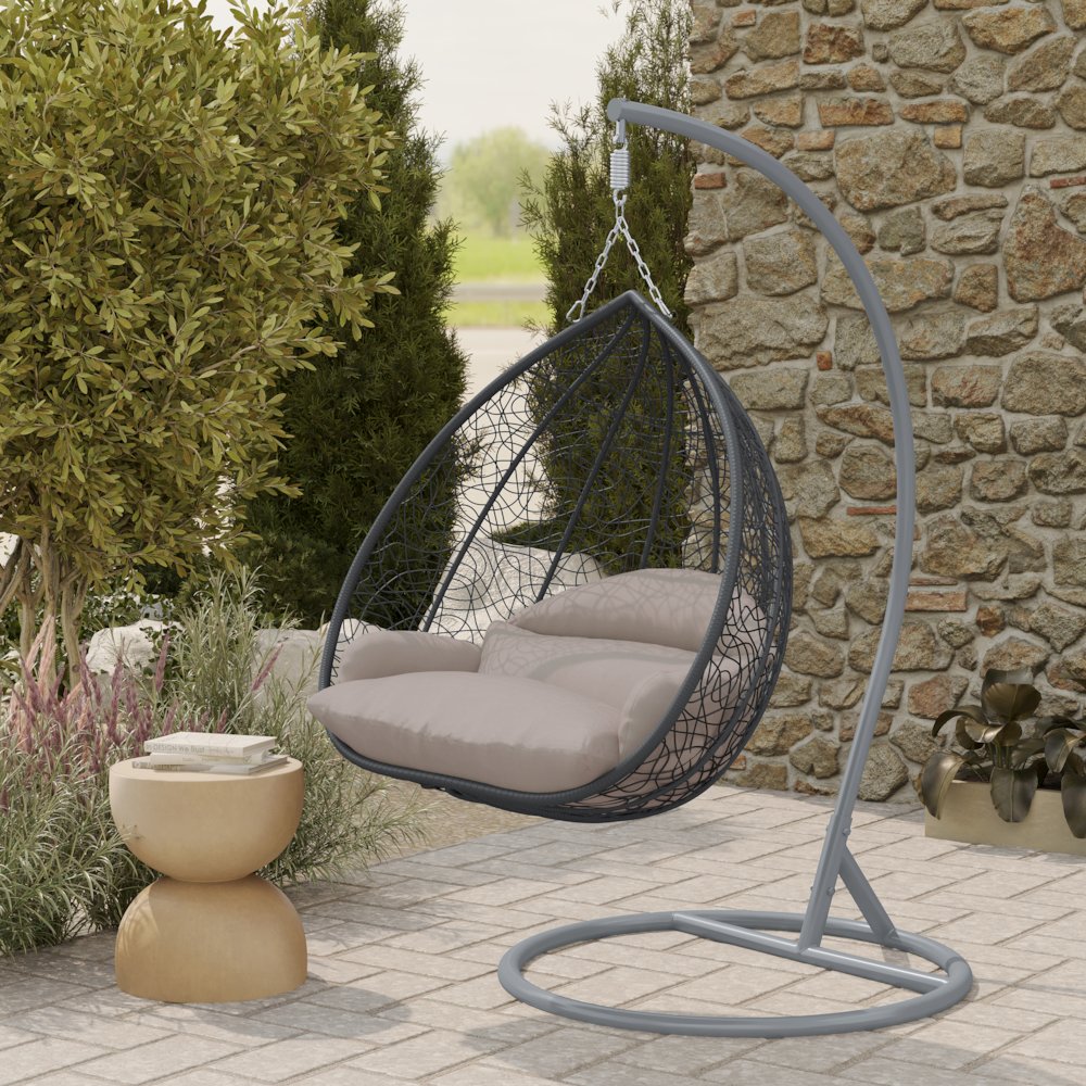 Recluse Collection Modern Outdoor Swing Chair Grey Frame with ES57 Beige Cushion