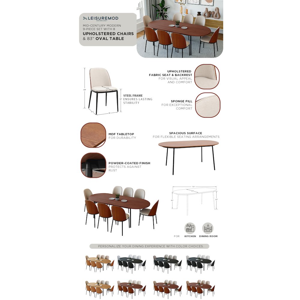 Tule 9-Piece Dining Set in Steel Frame with 8 Upholstered Seat Dining Table