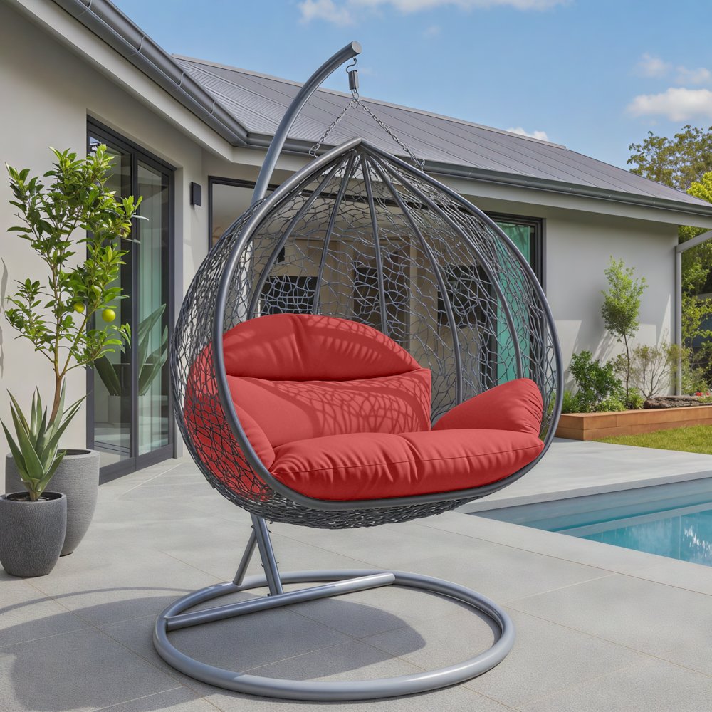 Recluse Collection Modern Outdoor Swing Chair Grey Frame with ES57 Red Cushion