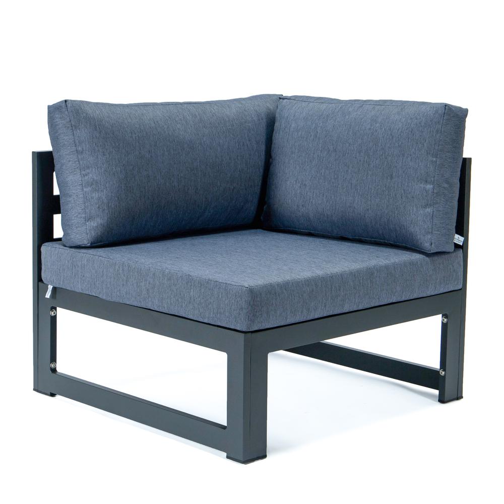 LeisureMod Chelsea 5-Piece Sectional Loveseat and Fireplace Set Black Aluminum with Cushions, Blue