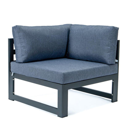 LeisureMod Chelsea 5-Piece Sectional Loveseat and Fireplace Set Black Aluminum with Cushions, Blue