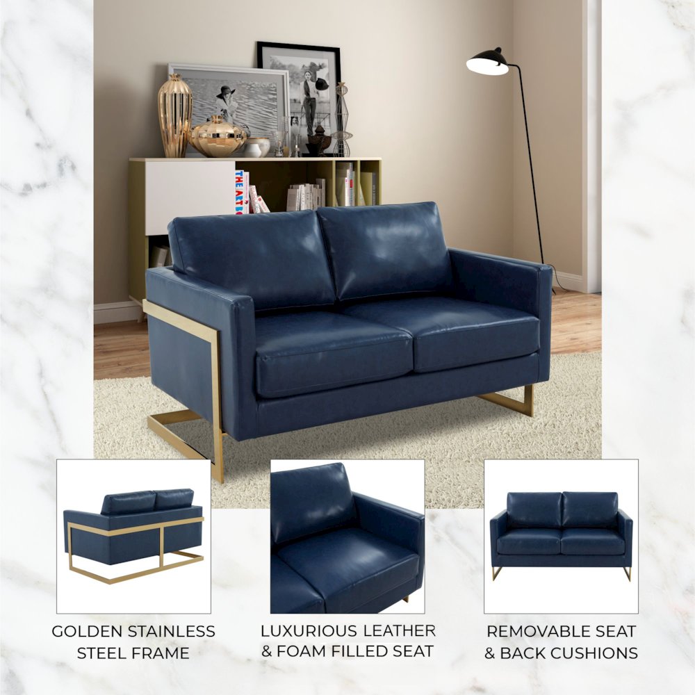 Lincoln Modern Mid-Century Upholstered Leather Loveseat with Gold Frame