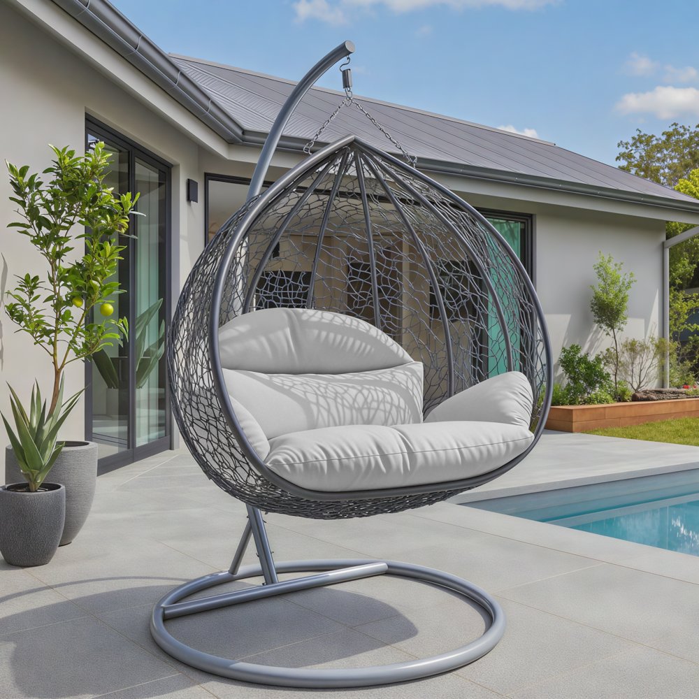 Recluse Collection Modern Outdoor Swing Chair Grey Frame with ES57 White Cushion