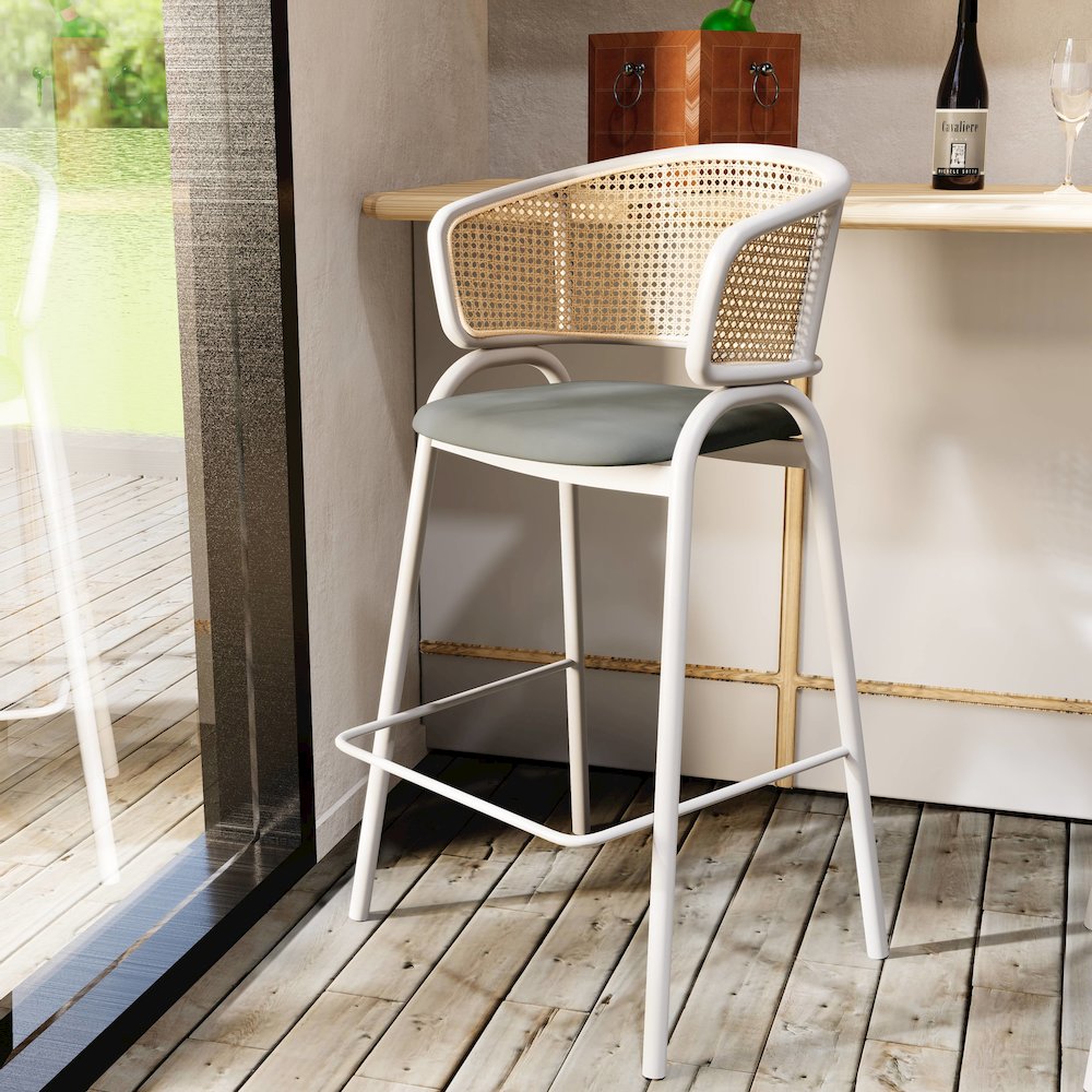 Ervilla Wicker Bar Stool with Fabric Seat and White Steel Frame - Grey leather