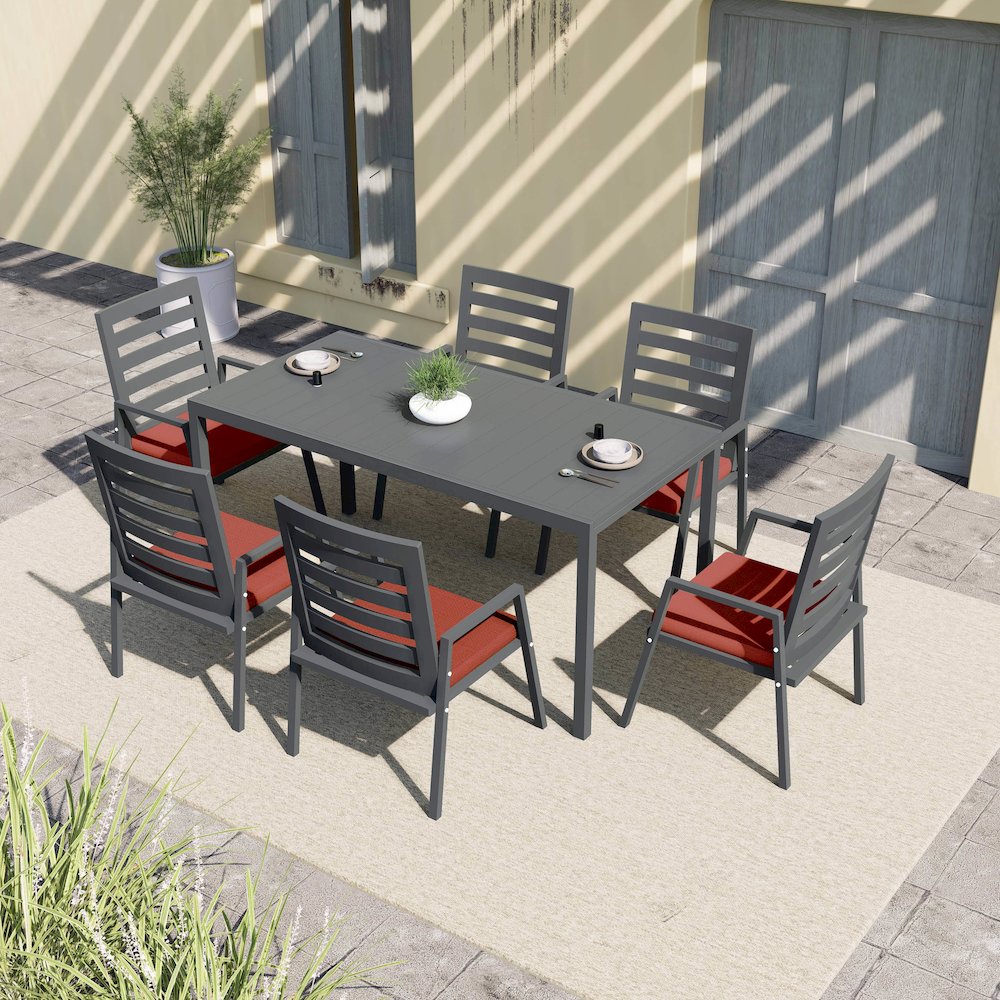 Chelsea 7-Piece Patio Dining Set 78-118" Wide Dining Armchair in Cherry Red