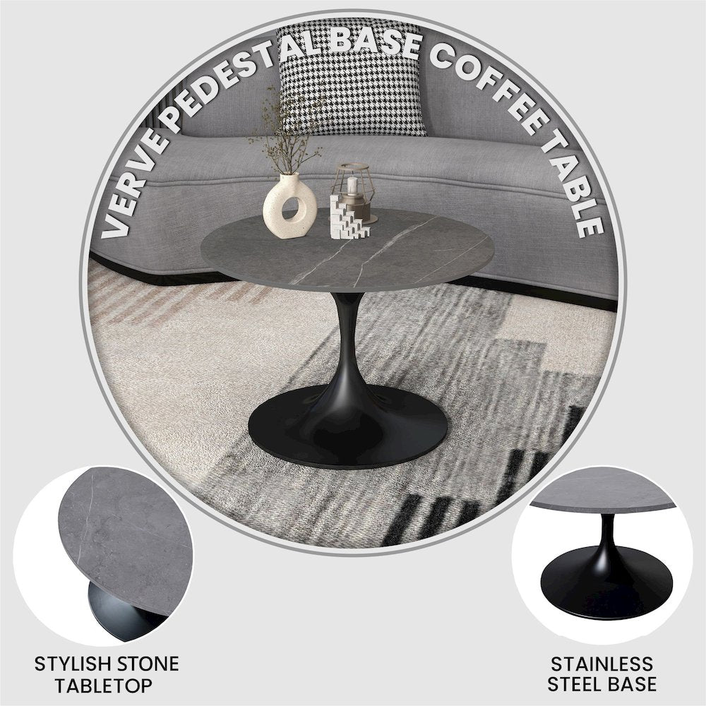 Verve Coffee Table Black base with 27" round Grey Sintered Stone top